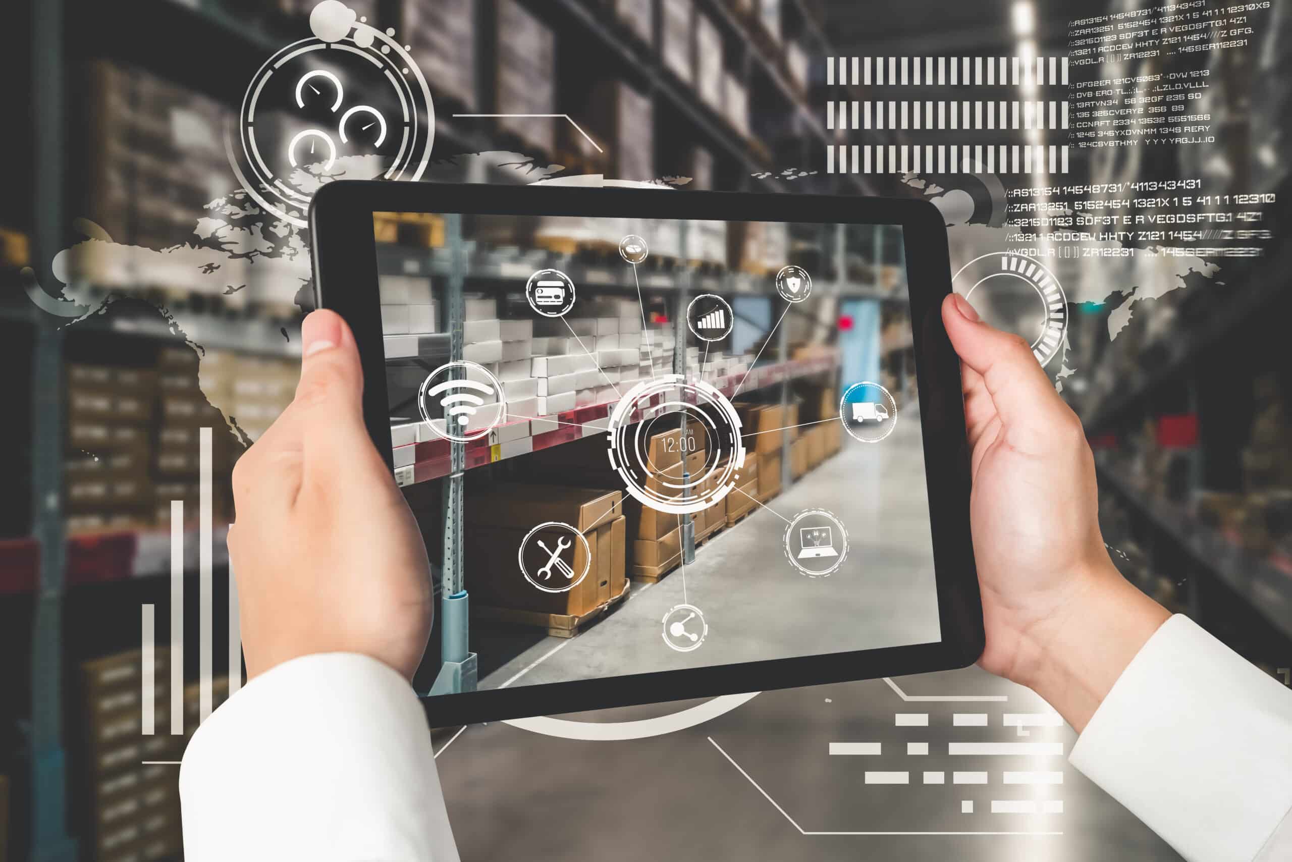 Smart warehouse management system using augmented reality technology to identify package picking and delivery . Future concept of supply chain and logistic business .